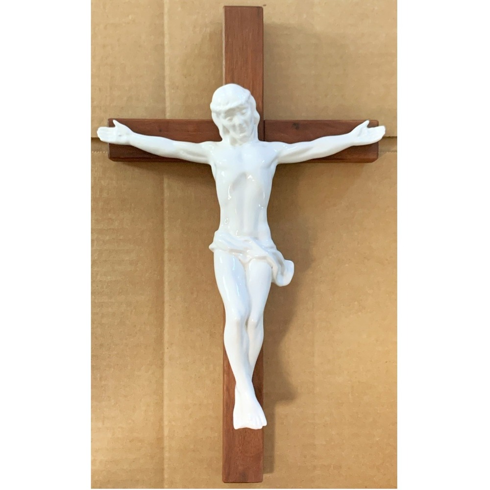 Wall Crucifix MCM Modern Minimalist Walnut Wood w White Ceramic Christ Jesus 14"
